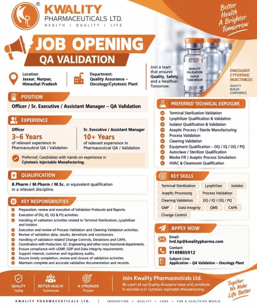 Kwality Pharmaceuticals Recruitment – QA Validation Jobs