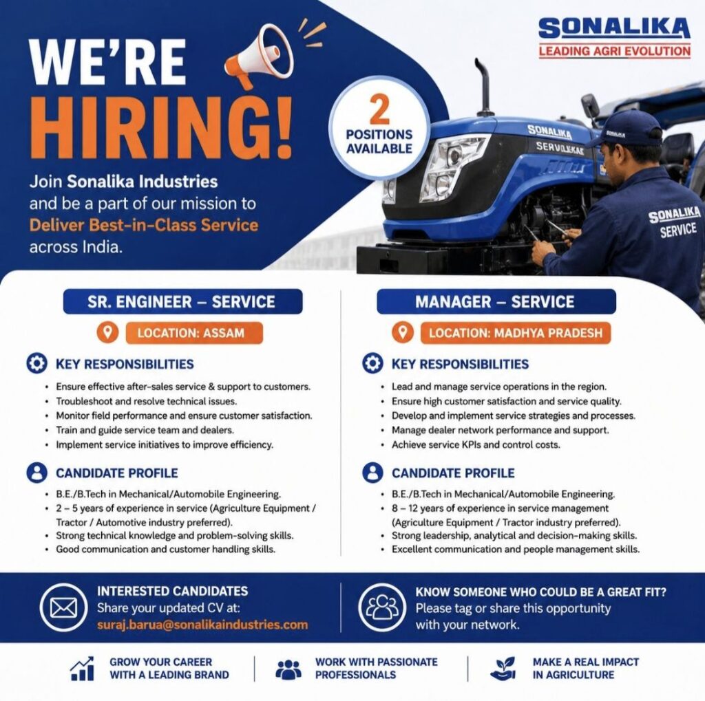 Sonalika Industries Recruitment: Sr. Engineer & Manager – Service Vacancies