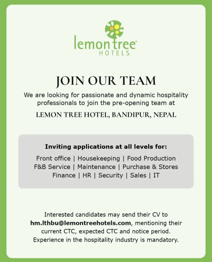 Lemon Tree Hotel Bandipur Nepal Recruitment – Multiple Hospitality Department Openings