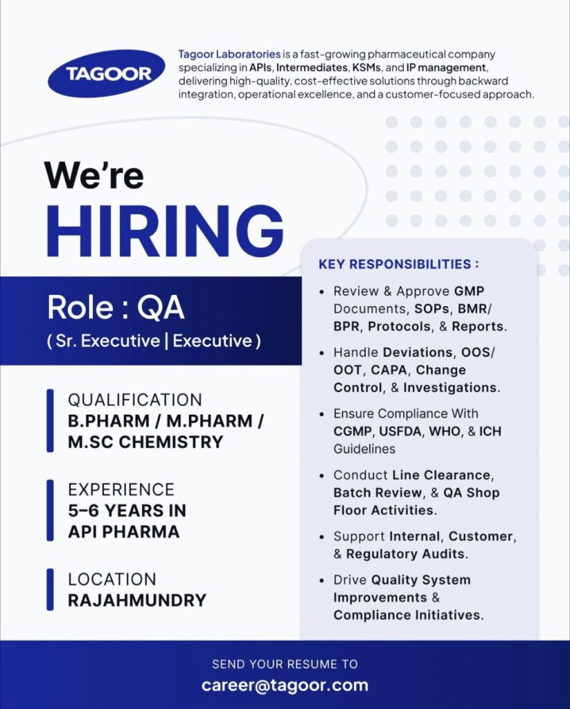Tagoor Laboratories Hiring QA Professionals – Sr. Executive / Executive