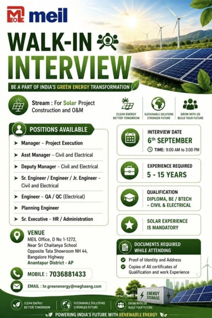 MEIL Walk-In Interview– Solar Project Jobs