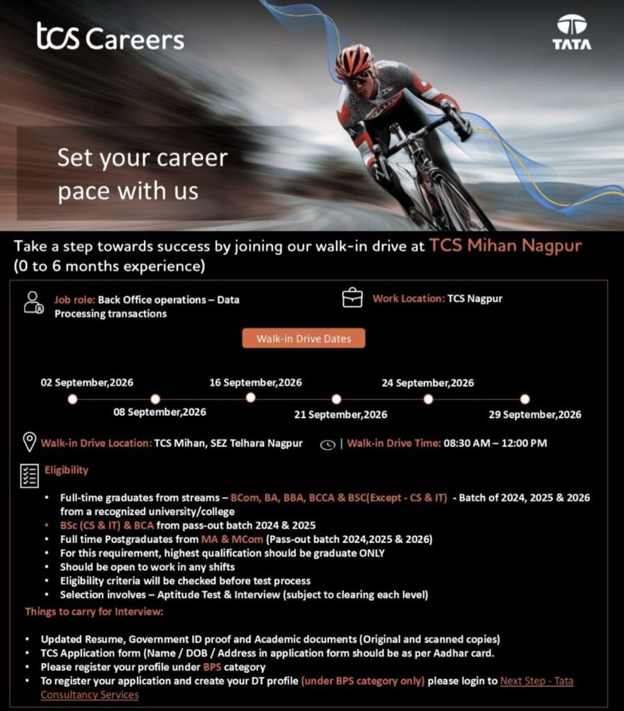 TCS Walk-in Drive for Freshers | Back Office Operations Jobs in Nagpur