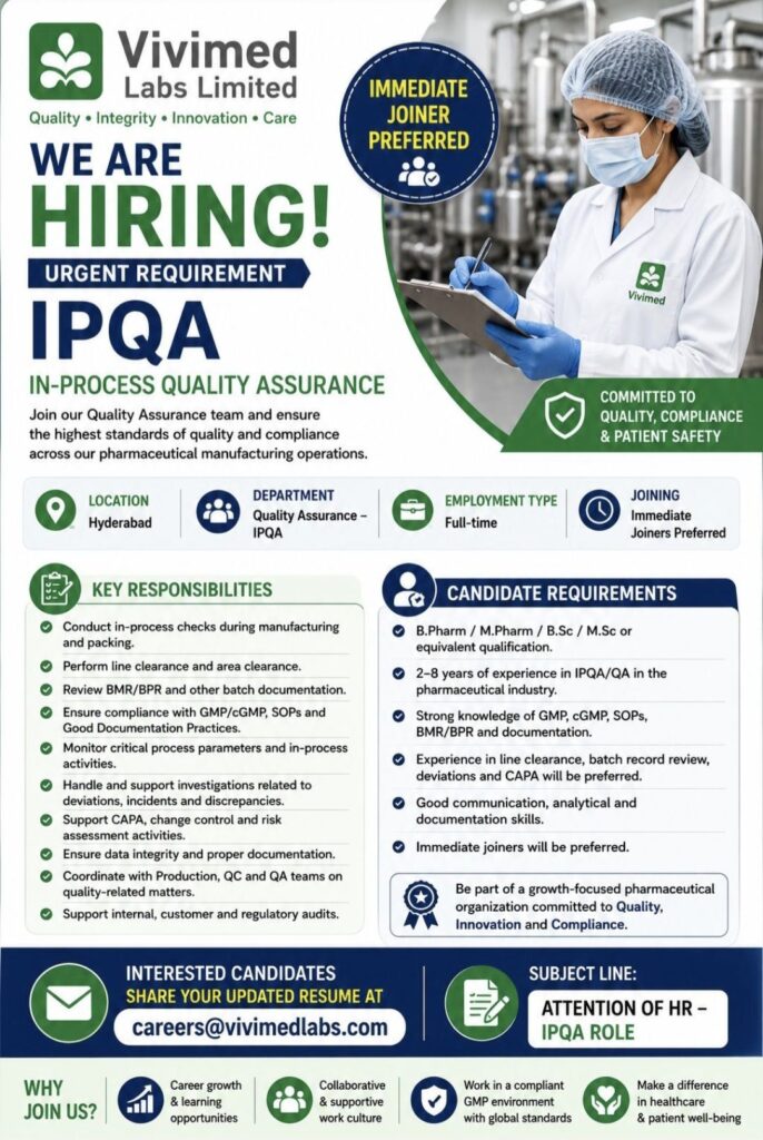 Vivimed Labs IPQA Recruitment – Hyderabad