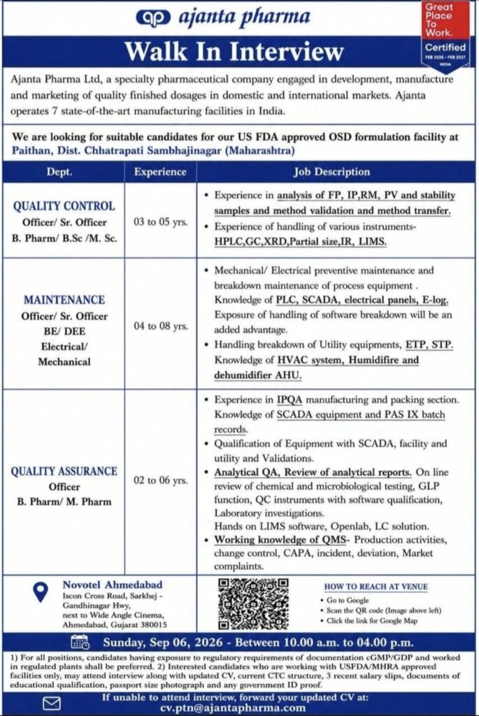 Ajanta Pharma Walk-In Interview