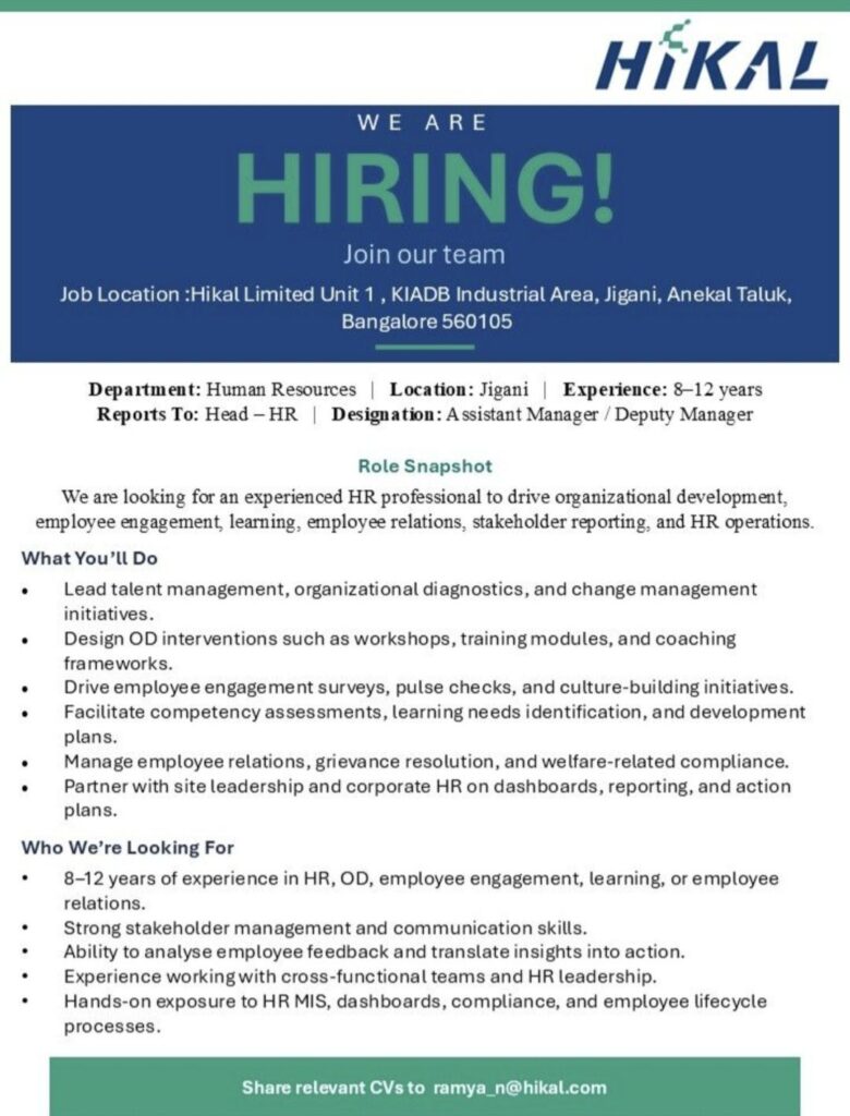 Hikal Limited Recruitment – HR Department Hiring