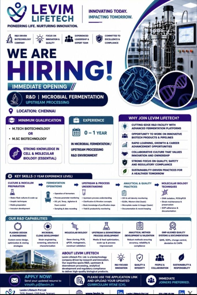 Levim Lifetech Recruitment – R&D Microbial Fermentation (Upstream Processing) Opportunities in Chennai
