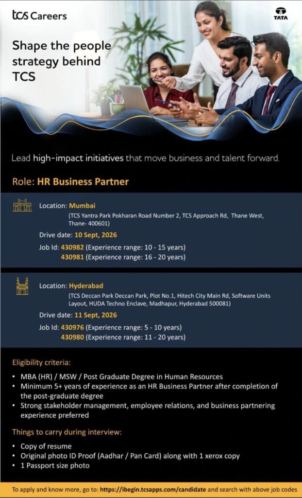 TCS HR Business Partner Recruitment Drive