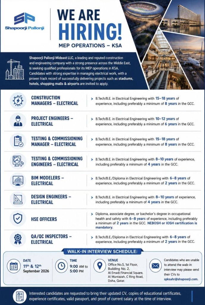 Shapoorji Pallonji Recruitment| MEP Operations Jobs
