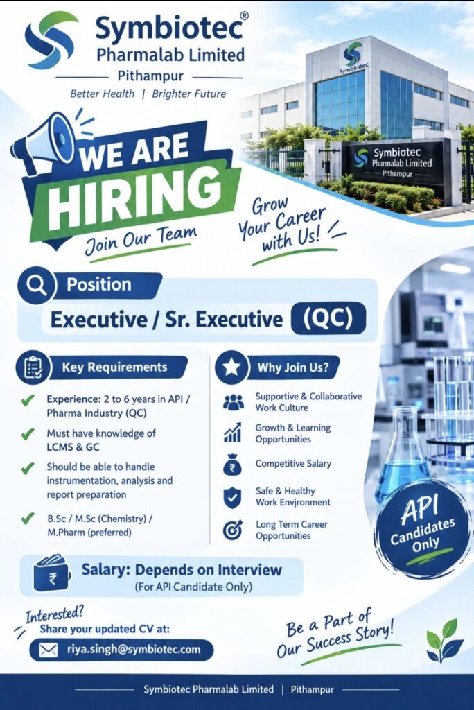 Symbiotec Pharmalab Limited Recruitment – Executive / Sr. Executive (QC) Opportunity in Pithampur