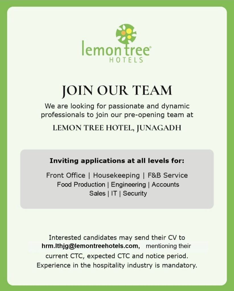 Lemon Tree Hotel Junagadh Recruitment– Multiple Hospitality Departments Hiring
