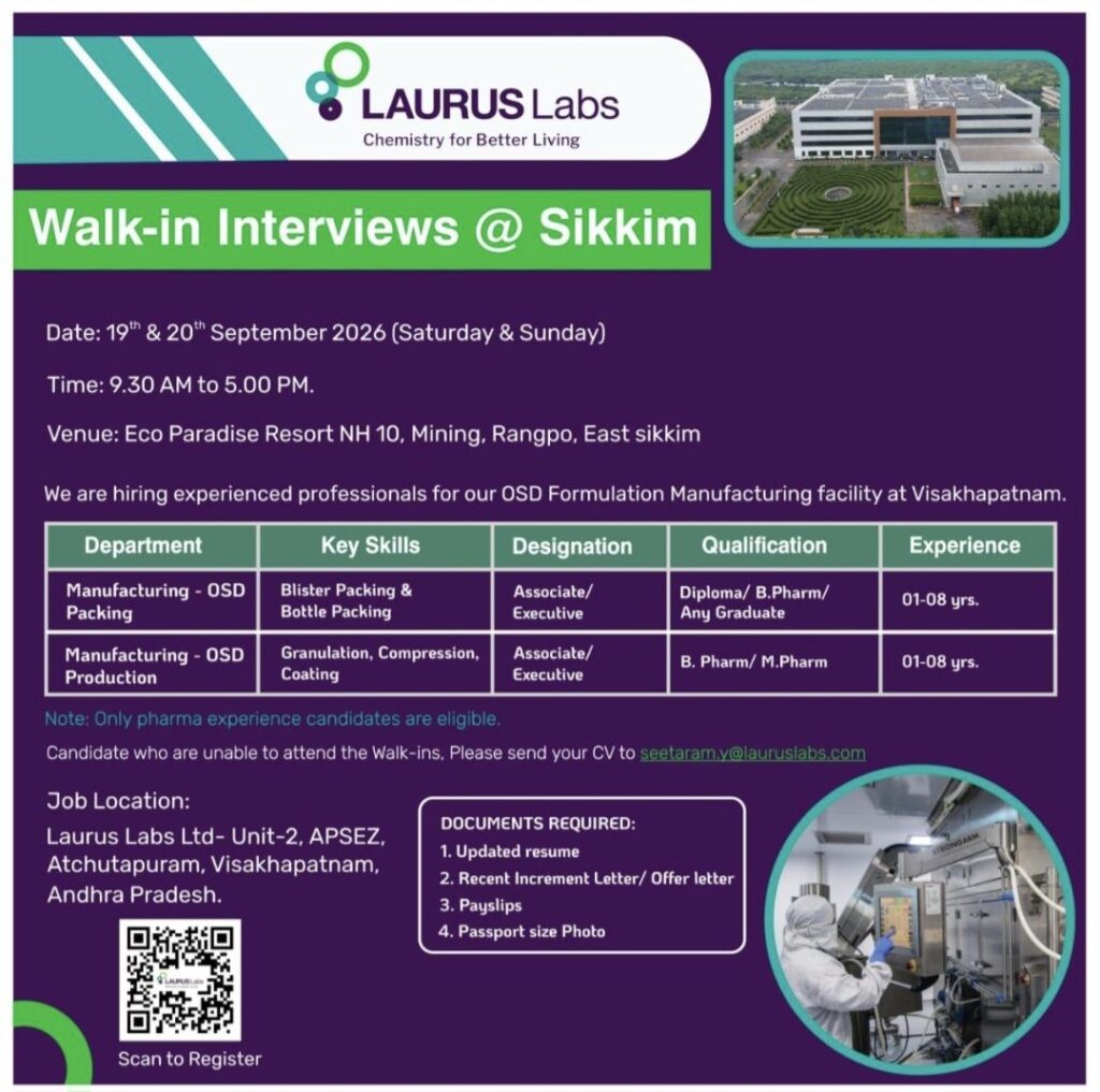 Laurus Labs Walk-in Interview– OSD Production & Packing Jobs in Visakhapatnam