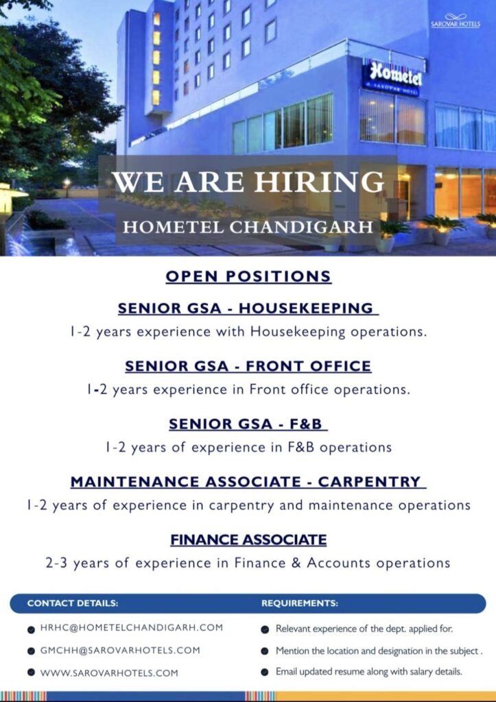 Hometel Chandigarh Recruitment– Multiple Hospitality & Finance Job Openings
