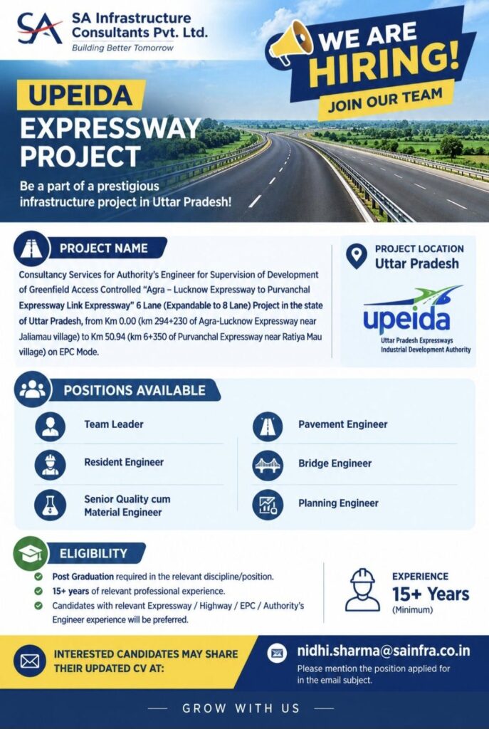 SA Infrastructure Consultants Pvt. Ltd. Hiring for UPEIDA Expressway Project – Multiple Engineering Positions