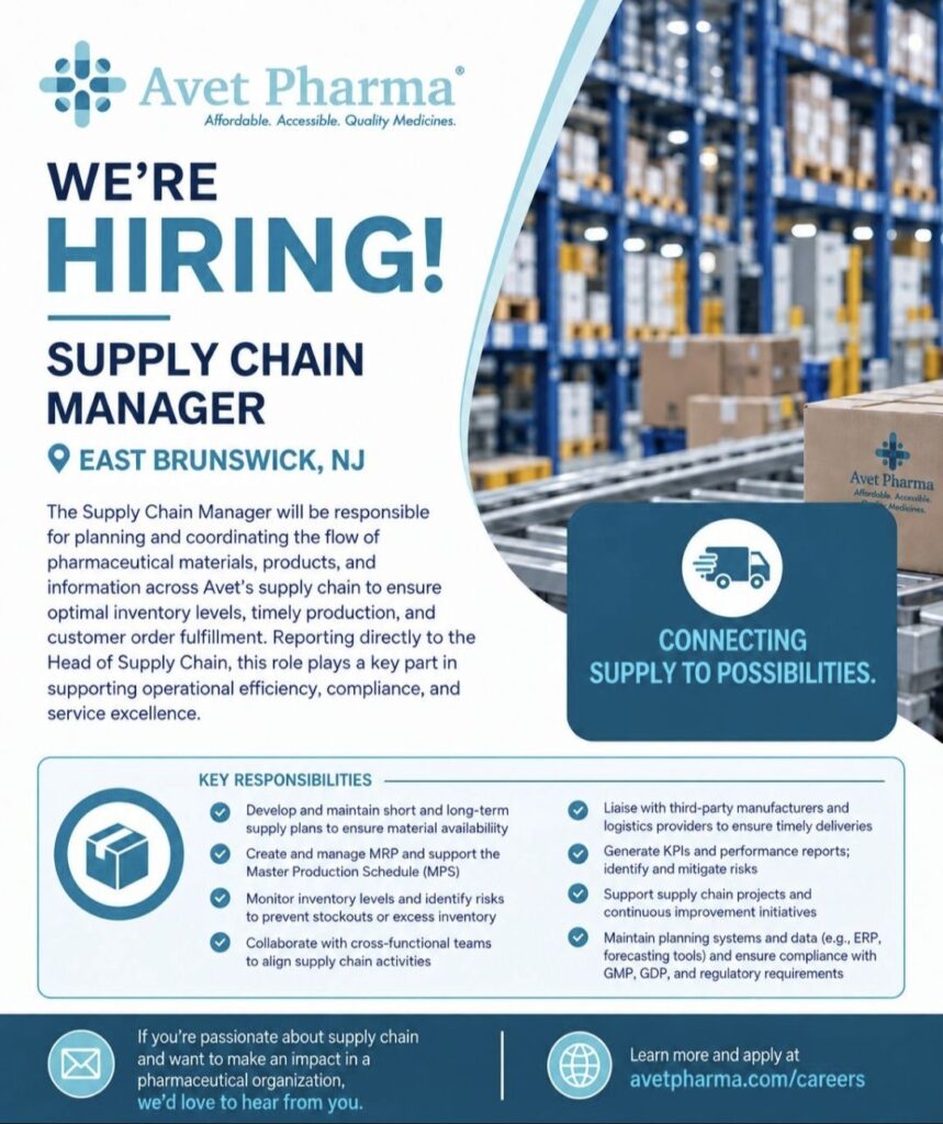Avet Pharma Hiring – Supply Chain Manager | East Brunswick, New Jersey