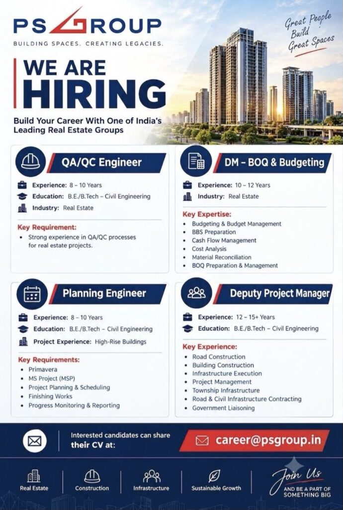 PS Group Recruitment– Hiring QA/QC Engineer, Planning Engineer, DM–BOQ & Budgeting, and Deputy Project Manager