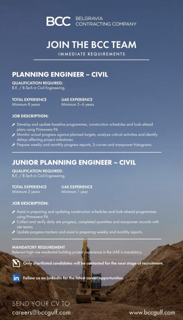 BCC Gulf Hiring – Planning Engineer Civil & Junior Planning Engineer Civil Jobs in UAE