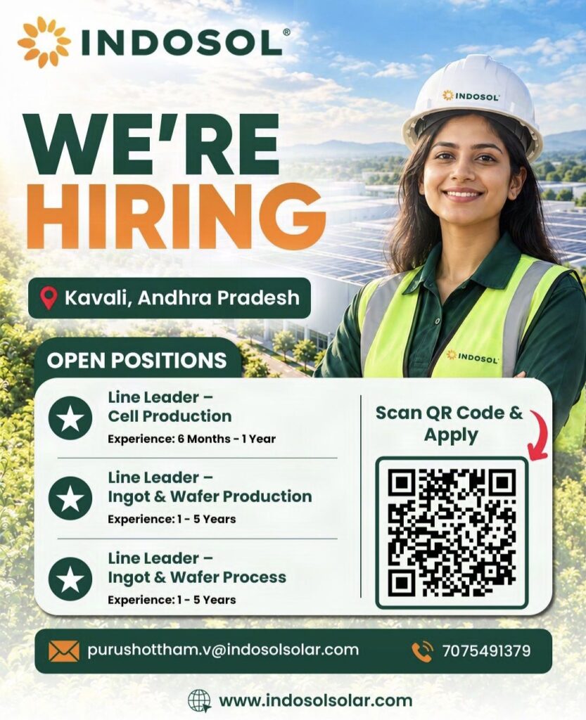 Indosol Solar Hiring – Line Leader Opportunities in Cell, Ingot & Wafer Production