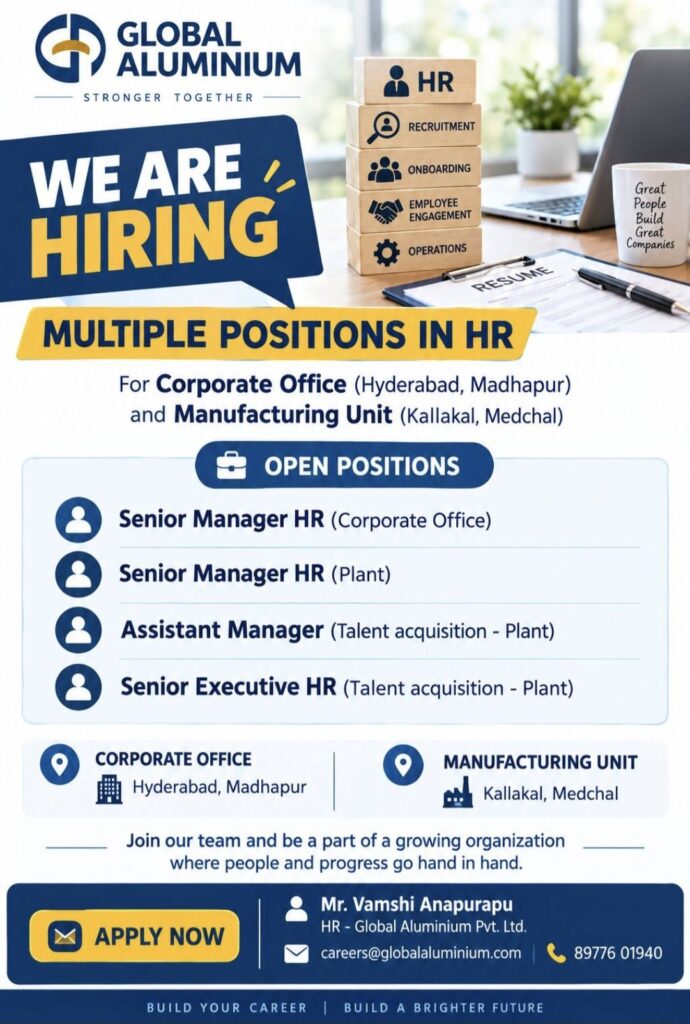 Global Aluminium Recruitment – Multiple HR Positions Open in Hyderabad & Medchal