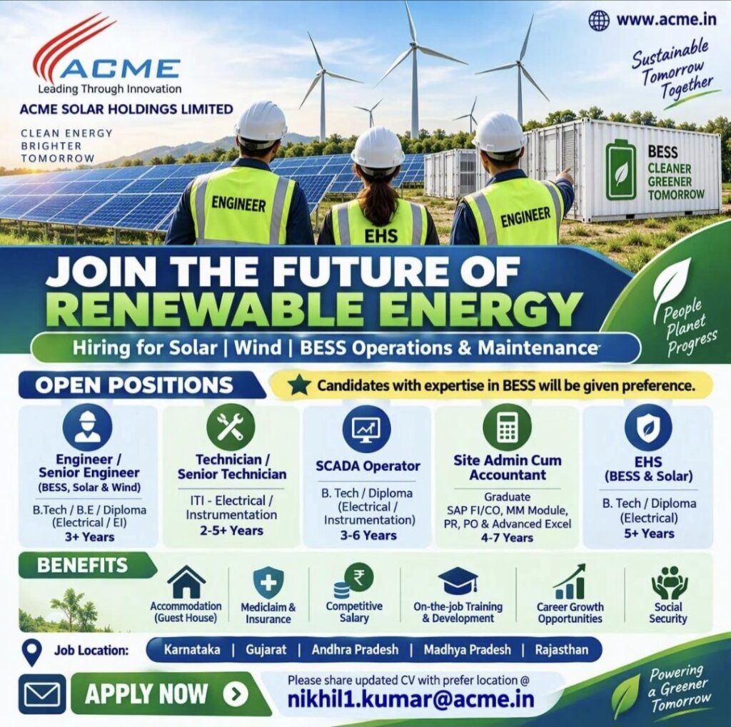 ACME Solar Holdings Limited Recruitment – Solar, Wind & BESS Operations & Maintenance Jobs