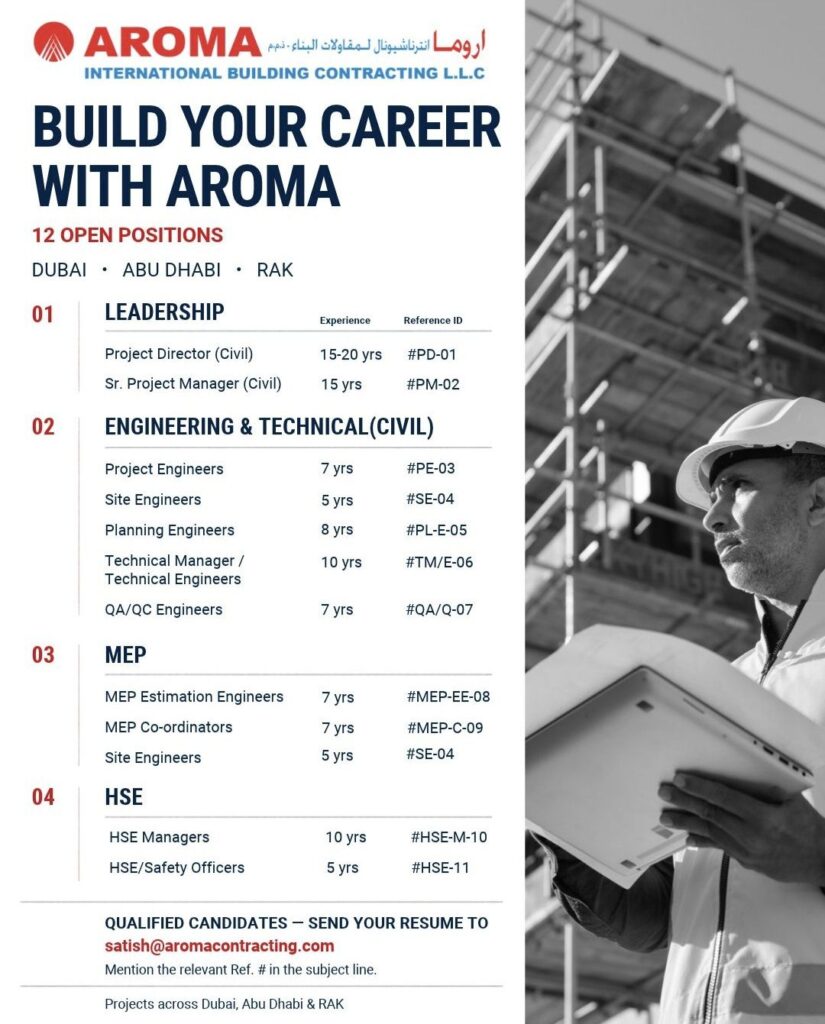 Aroma International Building Contracting L.L.C Recruitment– Multiple Civil, MEP & HSE Positions in UAE