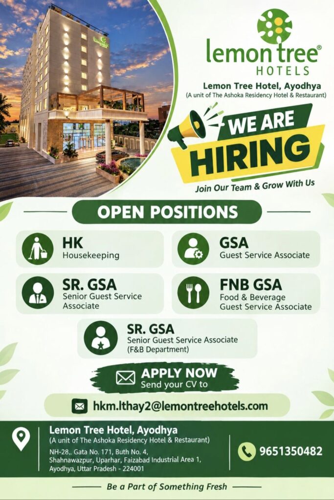Lemon Tree Hotel Ayodhya Recruitment – Apply for Housekeeping, Guest Service & F&B Positions
