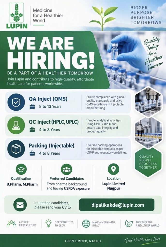 Lupin Limited Recruitment– Hiring for QA, QC and Packing (Injectable) Departments at Nagpur
