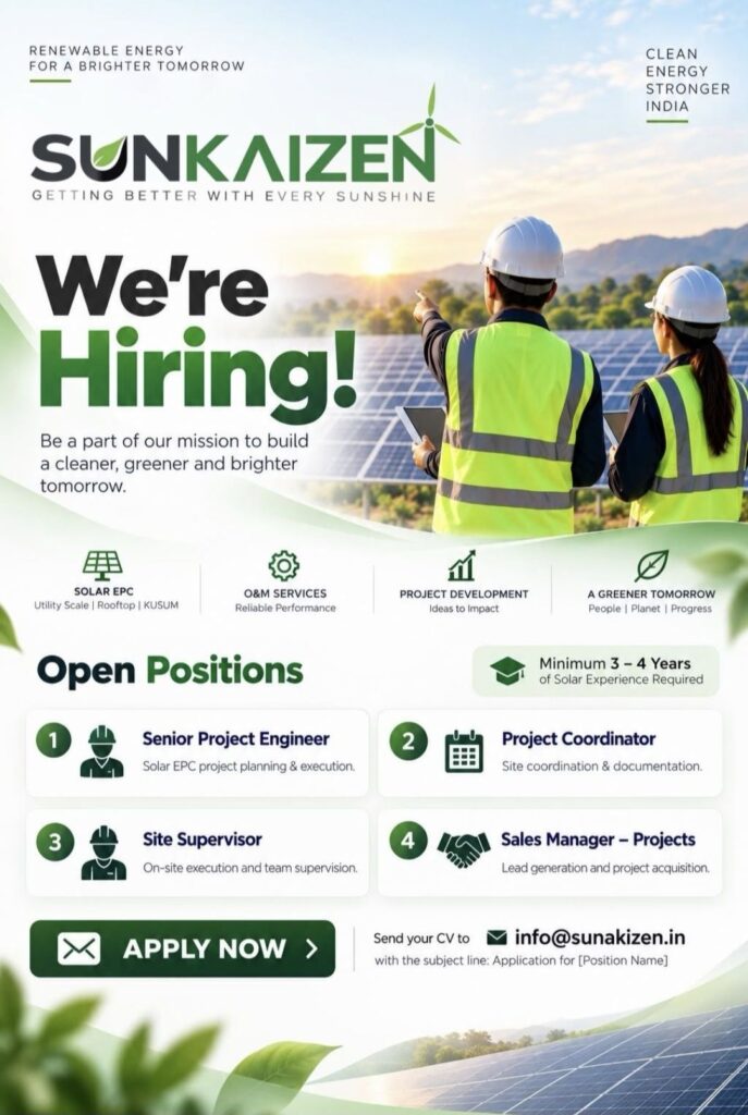 SunKaizen Renewable Energy Hiring– Apply for Project Engineer, Project Coordinator, Site Supervisor & Sales Manager Positions