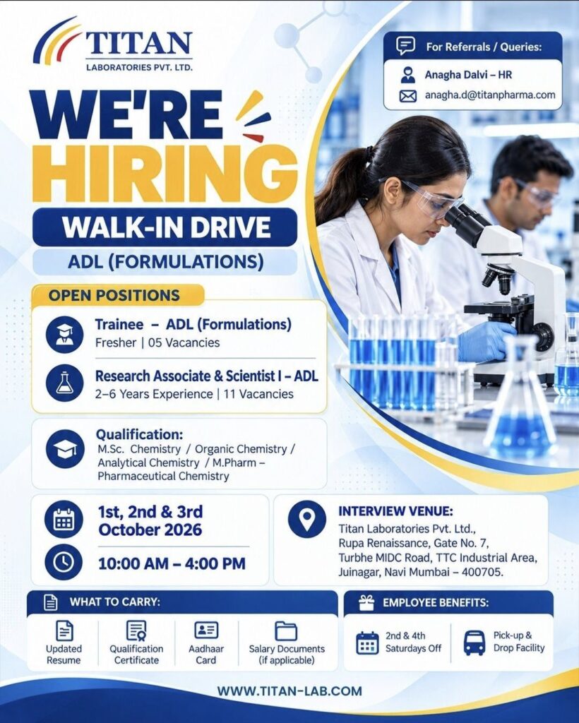 Titan Laboratories Walk-In Drive| ADL (Formulations) Recruitment for Trainee, Research Associate & Scientist
