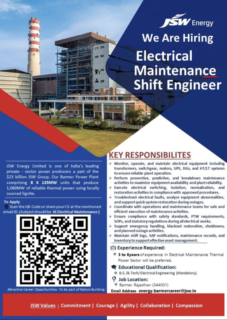 JSW Energy Recruitment 2026 – Electrical Maintenance Shift Engineer