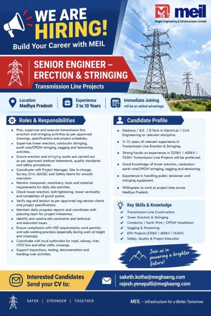 MEIL Recruitment– Senior Engineer (Erection & Stringing)