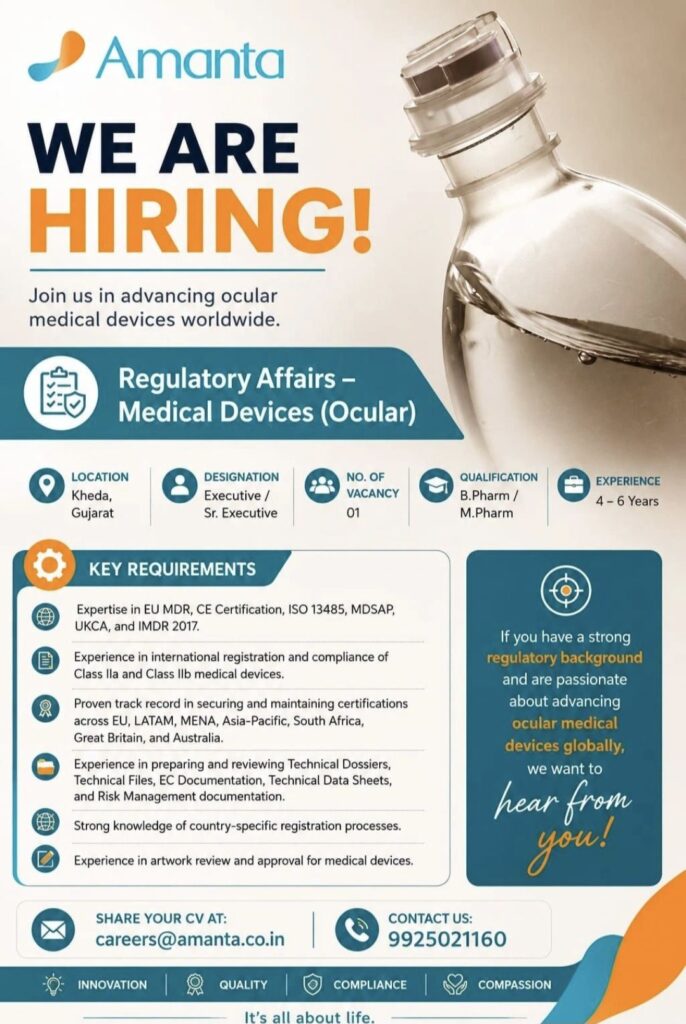 Amanta Hiring– Regulatory Affairs (Medical Devices – Ocular) Opportunity in Gujarat