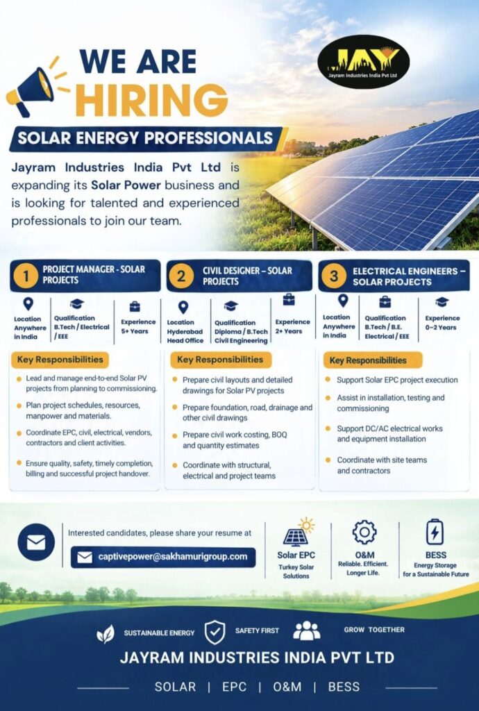 Jayram Industries India Pvt Ltd Hiring– Solar Energy Professionals Recruitment