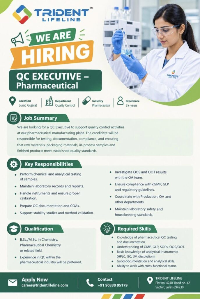 Trident Lifeline Hiring QC Executive – Pharmaceutical