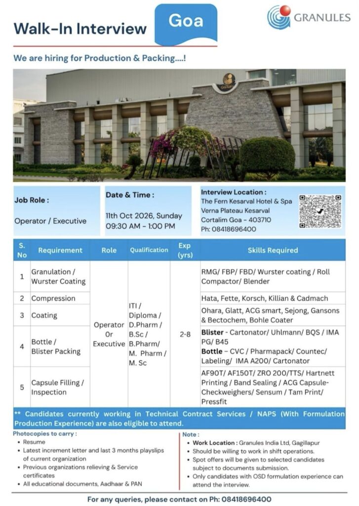 Granules India Walk-In Interview– Production & Packing Department Hiring