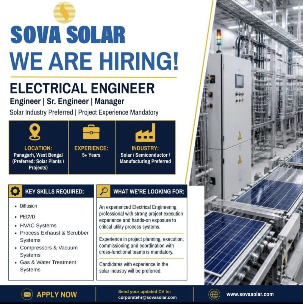 SOVA Solar Hiring– Electrical Engineer, Senior Engineer & Manager Jobs