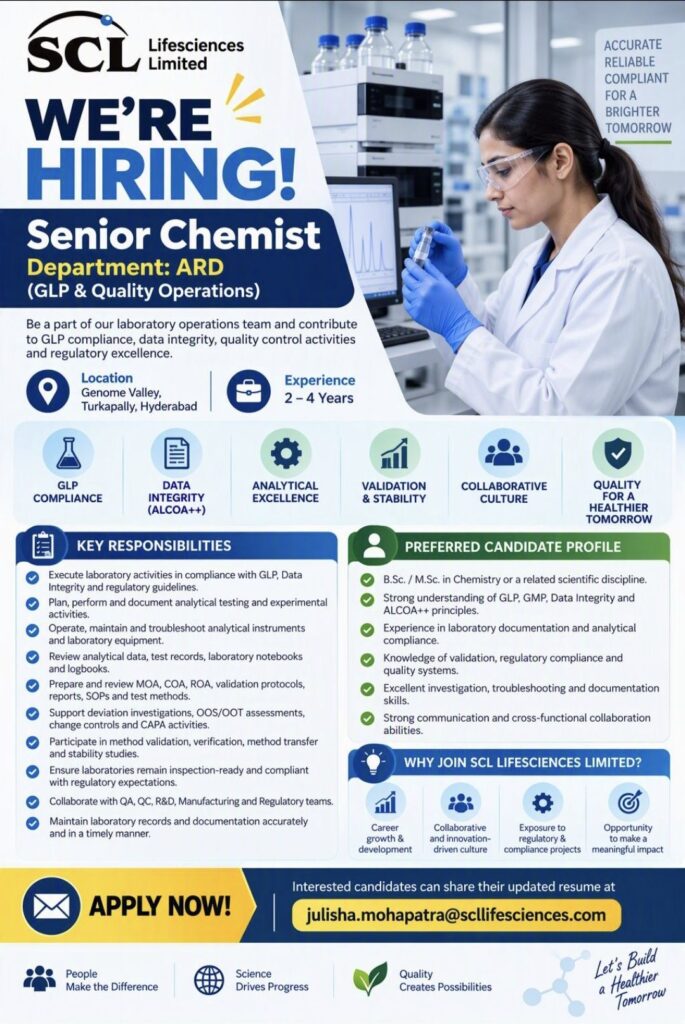 SCL Lifesciences Limited Hiring Senior Chemist – ARD