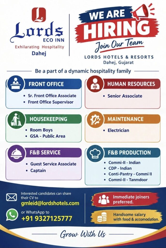 Lords Eco Inn Dahej Recruitment| Multiple Hospitality Job Openings in Gujarat