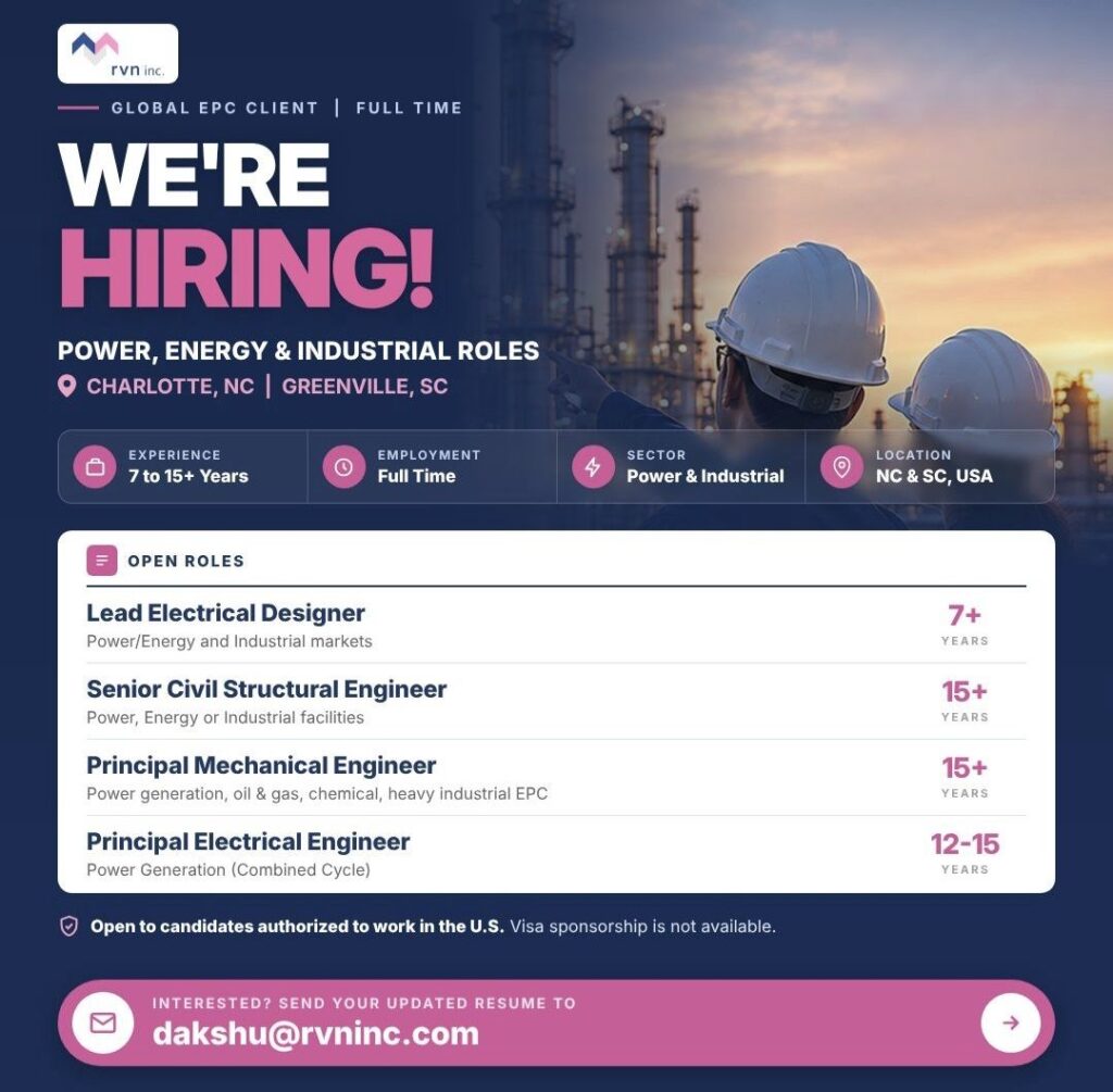 Global EPC Client Hiring| Electrical, Civil & Mechanical Engineering Jobs in USA