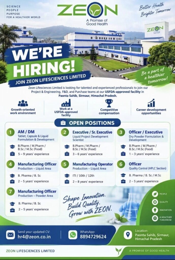 Zeon Lifesciences Limited Recruitment– Multiple Openings in F&D, Production, QC & Engineering