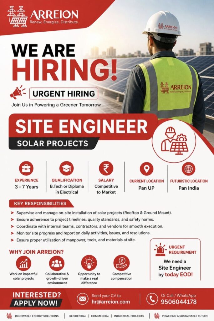 Arreion Renewable Energy Solutions Recruitment– Site Engineer (Solar Projects)