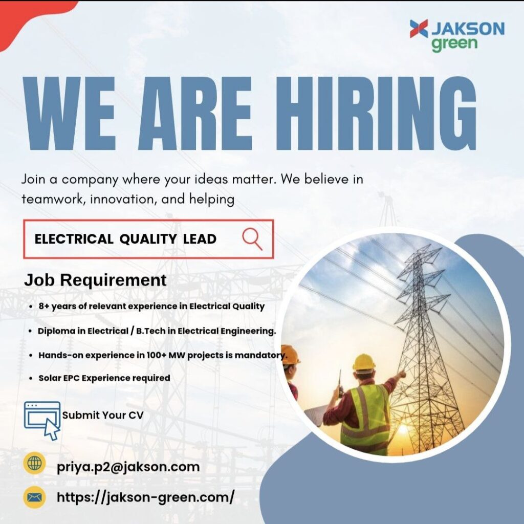 Jakson Green Recruitment – Hiring Electrical Quality Lead for Solar EPC Projects