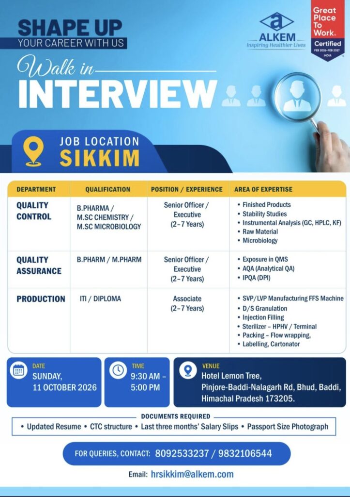 Alkem Laboratories Walk-In Interview