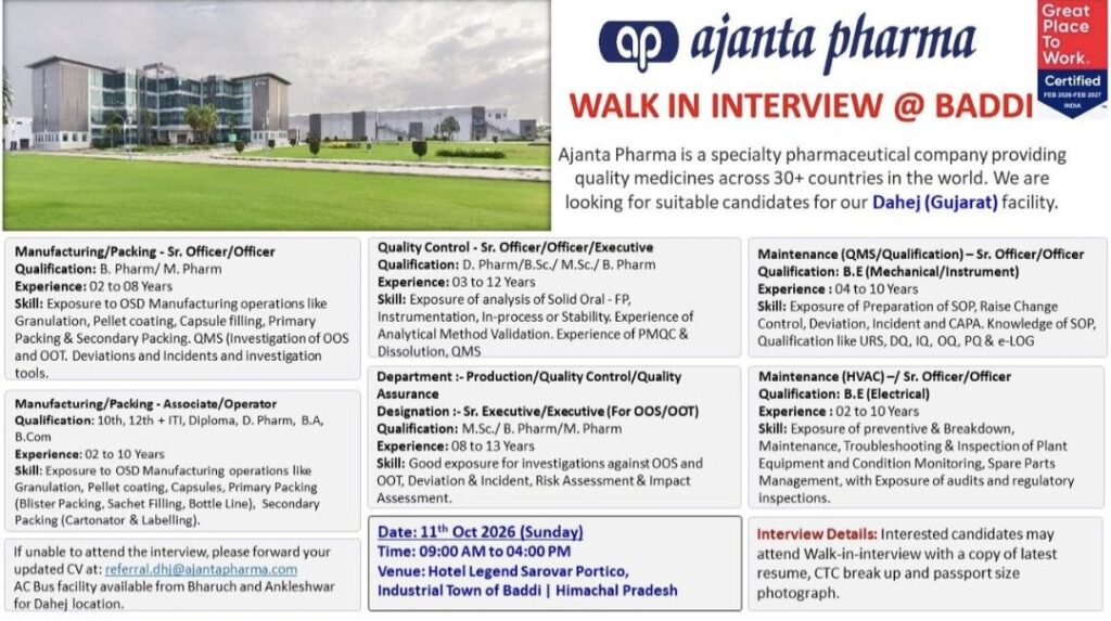 Ajanta Pharma Walk-In Interview– Manufacturing, Packing, Quality Control, Quality Assurance & Maintenance Jobs