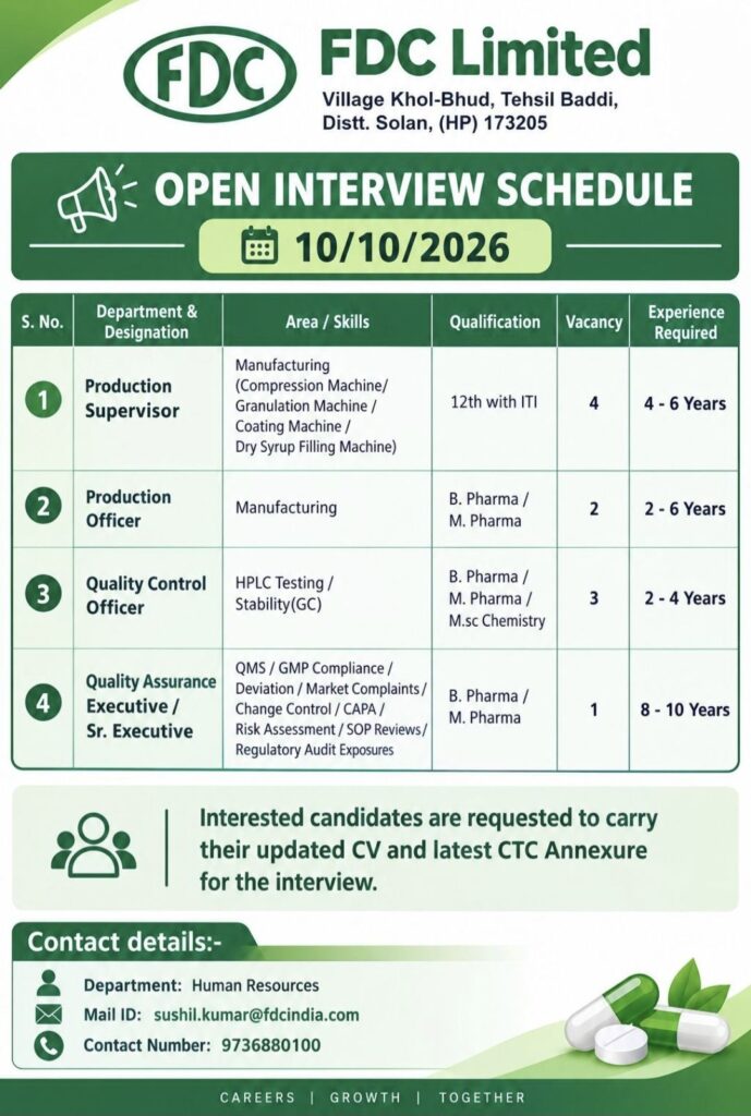 FDC Limited Open Interview| Production, Quality Control & Quality Assurance Jobs