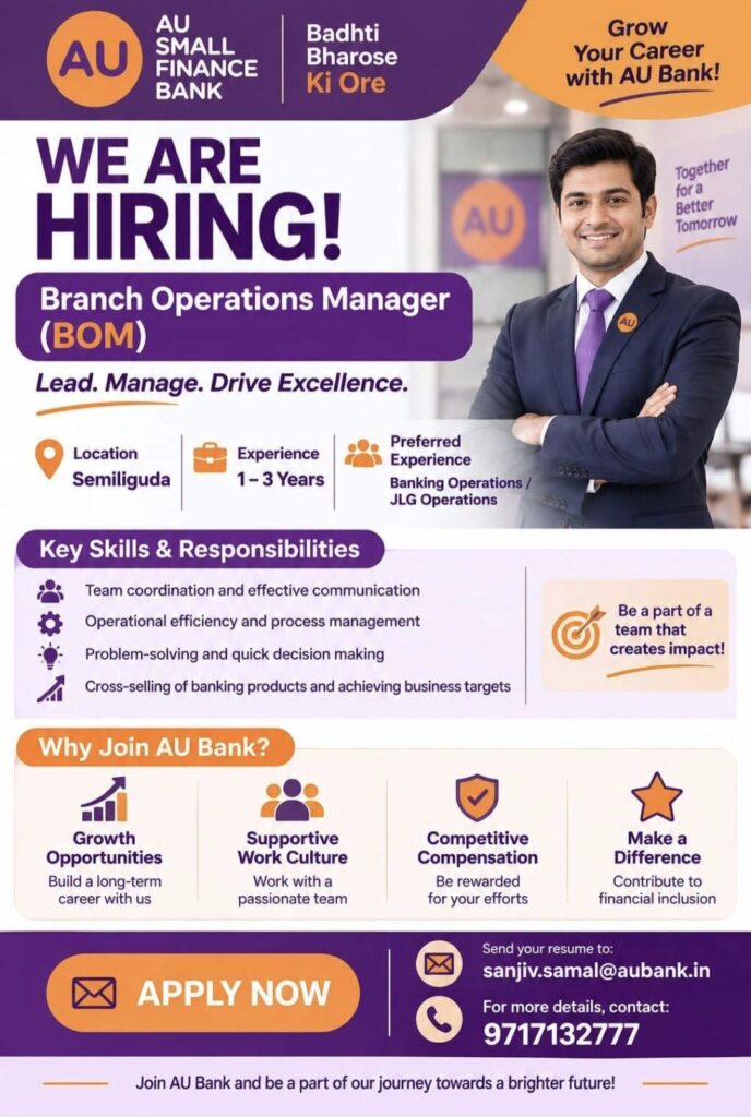 AU Small Finance Bank Recruitment– Branch Operations Manager (BOM)