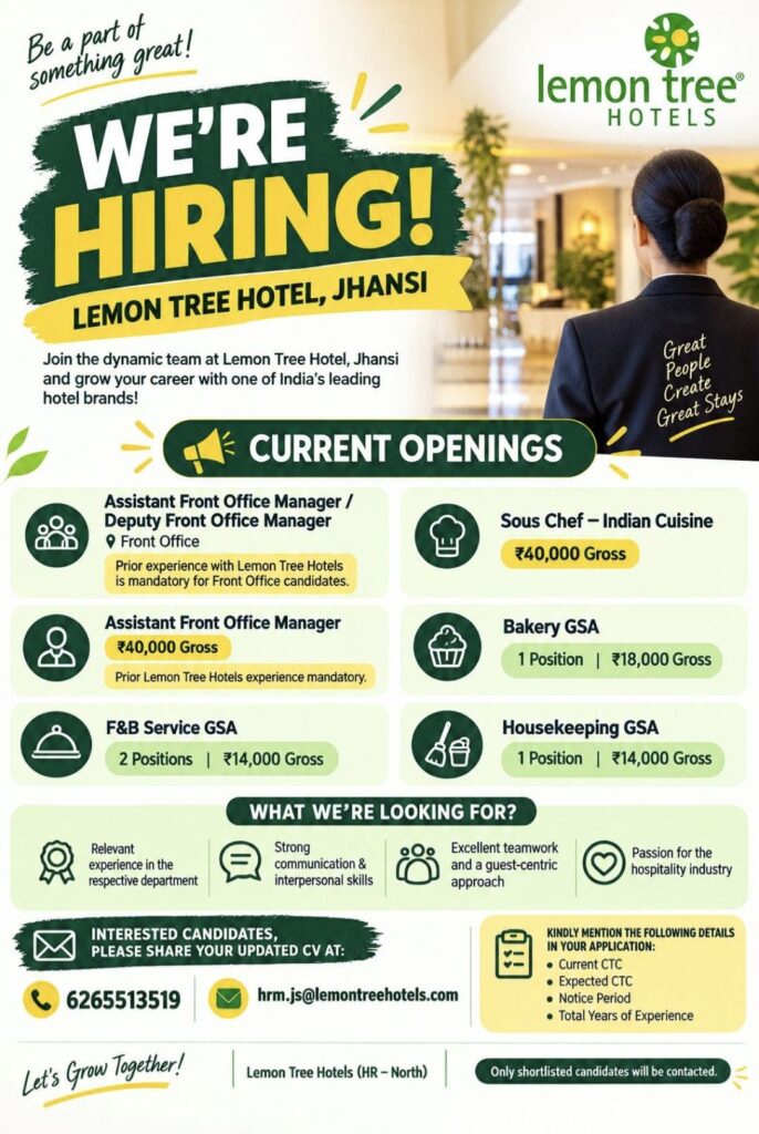 Lemon Tree Hotel Jhansi Recruitment| Front Office, F&B, Housekeeping & Culinary Jobs