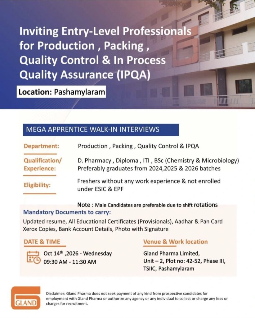 Gland Pharma Mega Apprentice Walk-In Interview: Production, Packing, QC & IPQA