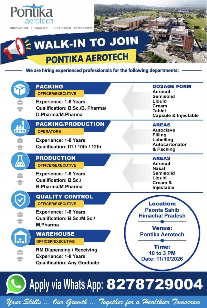 Pontika Aerotech Walk-In Interview– Multiple Job Vacancies in Paonta Sahib, Himachal Pradesh