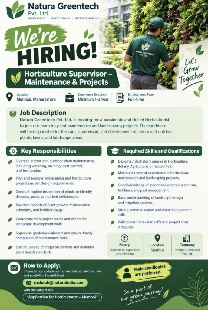 Natura Greentech Pvt. Ltd. Recruitment: Horticulture Supervisor – Maintenance & Projects