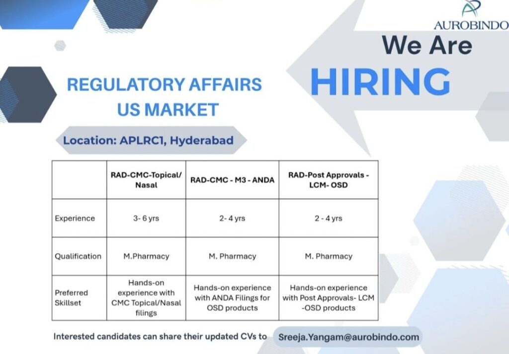 Aurobindo Pharma Recruitment: Regulatory Affairs Jobs for US Market in Hyderabad
